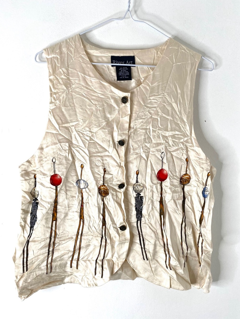 Vintage River Art 100% Silk Fishing Fly Print Vest Wearable Art Button Front